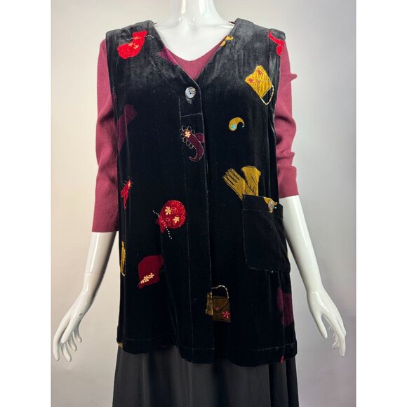 Vintage David Dart Collection Embroidered Velvet Vest Black Pink Whimsical Art W - Picture 11 of 16